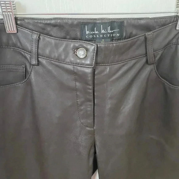 Nicole Miller Womens 100% Lambskin Brown Leather Straight Leg Pants - Picture 2 of 7